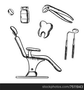 Dental medicine icons with chair, mirror, probe and pliers, tooth, medication bottle and round pill. Isolated on white background, for medical theme design. Dental medicine sketch icons and objects