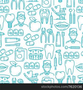 Dental medicine seamless patter. Vector background of dentistry line icons, dentist doctor with tooth implant, apple and smile or orthodontic braces and dental surgery equipment pattern. Dentistry medicine, dentist seamless pattern