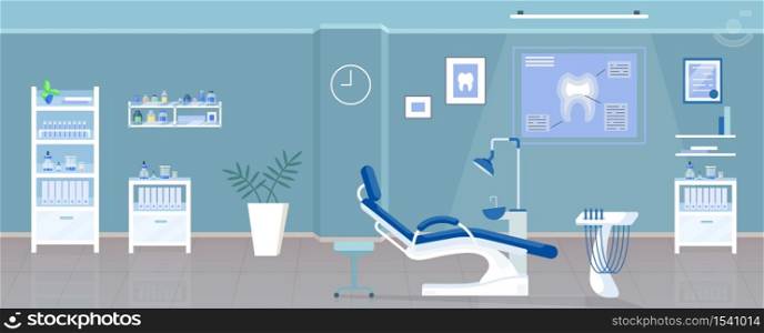 Dental office flat color vector illustration. Stomatological clinic, odontology room 2D cartoon interior design with orthodontic appliances on background. Stomatologist workplace with dental chair. Dental office flat color vector illustration