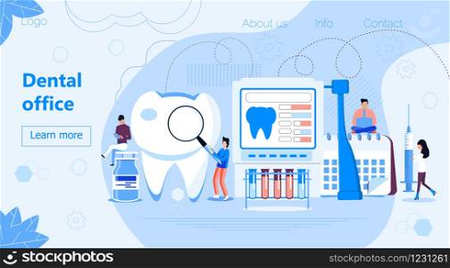 Dental office vector concept for landing page. Tiny dentists help toothache, treat pulpitis, caries, to whiten enamel or recovery implant. National Hygiene month, awareness week, day.. Dental office vector concept for landing page. Tiny dentists help toothache, treat pulpitis, caries, to whiten enamel or recovery implant. National Hygiene month, awareness week