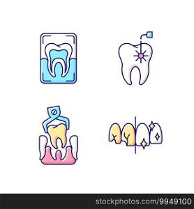 Dental practice RGB color icons set. Instruments for dental treatment. Dental x-ray. Professional stomatology occupation. Dentistry. Dental implants procedure. Isolated vector illustrations. Dental practice RGB color icons set