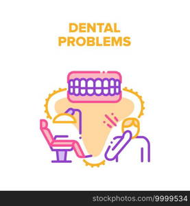 Dental Problems Vector Icon Concept. Patient With Toothache Dental Problems Treatment On Dentist Chair. Teeth Disease Treat In Medical Stomatology Clinic Cabinet Color Illustration. Dental Problems Vector Concept Color Illustration