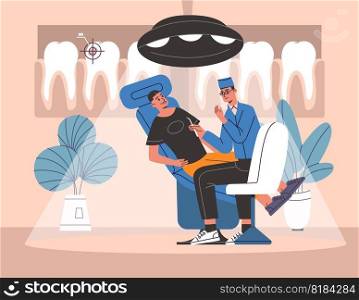 Dental procedure. Dentist with patient in chair. Preventive examination. Treatment and prosthetics of teeth. Medical clinic office. Oral hygiene. Doctors appointment. Toothache treat. Vector concept. Dental procedure. Dentist with patient in chair. Preventive examination. Treatment and prosthetics of teeth. Medical clinic office. Oral hygiene. Doctors appointment. Vector concept