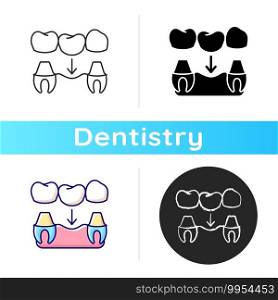 Dental prosthetics icon. Implant design. Instruments for dental treatment. Contemporary dental treatment. Linear black and RGB color styles. Isolated vector illustrations. Dental prosthetics icon
