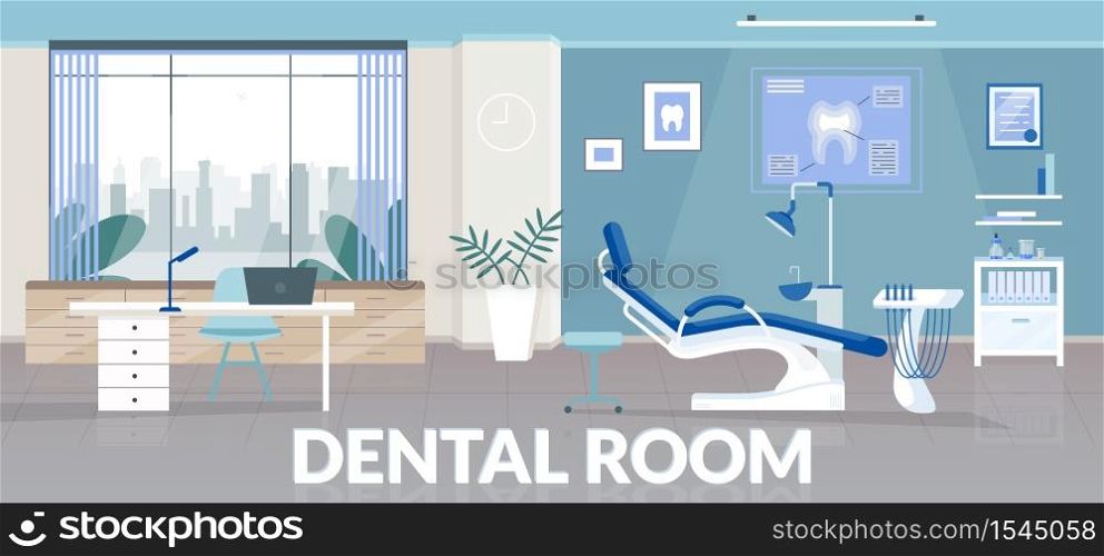 Dental room banner flat vector template. Stomatological clinic brochure, booklet one page concept design with cartoon illustrations. Odontology office, professional teeth treatment flyer, leaflet. Dental room banner flat vector template