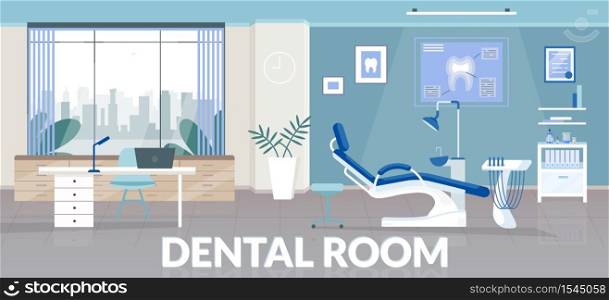 Dental room banner flat vector template. Stomatological clinic brochure, booklet one page concept design with cartoon illustrations. Odontology office, professional teeth treatment flyer, leaflet. Dental room banner flat vector template