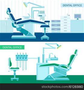 Dental Room Banner Set. Dental room horizontal banner set with medical equipment for teeth cure flat vector illustration