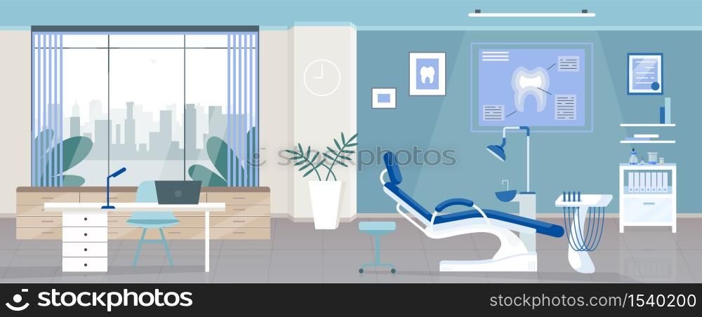 Dental room flat color vector illustration. Stomatology clinic, dentist office 2D cartoon interior design with orthodontic appliances on background. Odontology hospital, stomatologist workplace decor. Dental room flat color vector illustration