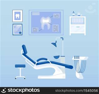 Dental room flat color vector objects set. Dentistry clinic, stomatology. Dentist office furniture and instruments isolated cartoon illustrations pack for web graphic design and animation. Dental room flat color vector objects set