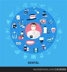 Dental round design concept with stomatological equipment toothpaste bracket dental floss white smile flat icons vector illustration . Dental Round Design Concept