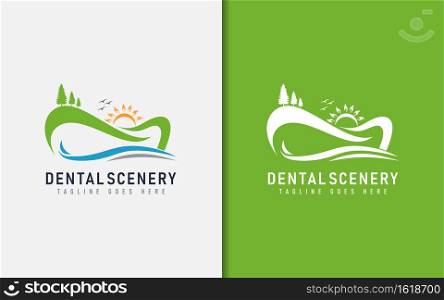 Dental Scenery Logo Design. Abstract Scenery With A Tooth-Shaped Mountain. Medical Vector Logo Illustration. Graphic Design Element.