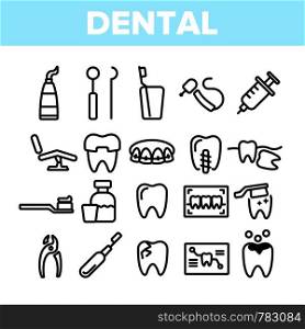 Dental Services, Stomatology Linear Vector Icons Set. Dentistry Clinic Thin Line Symbols Pack. Dentist Equipment Pictograms. Oral Cavity Treatment, Teeth Cure. Orthodontics Tools Outline Illustrations. Dental Services, Stomatology Linear Vector Icons Set