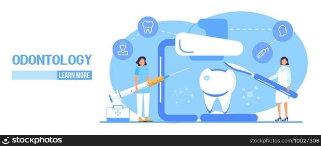 Dental services vector concept for landing page. Dentists make x-ray scan of teeth to help toothache, to whiten enamel or recovery implant. Professionals of odontology work, treat illness tooth.. Dental services vector concept for landing page. Dentists make x-ray scan of teeth to help toothache, to whiten enamel or recovery implant.