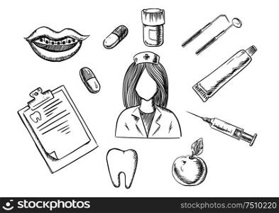 Dental sketch icons with a nurse surrounded by apple, notebook, tablets, mouth with braces, tooth, instruments and toothpaste. Medical, dentistry and healthcare concept. Dental sketch icons with medical items