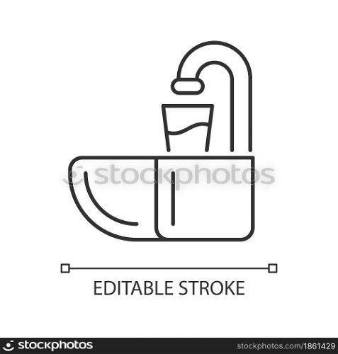 Dental spit bowl linear icon. Cuspidor for expectorating. Dentistry equipment. Spit out saliva. Thin line customizable illustration. Contour symbol. Vector isolated outline drawing. Editable stroke. Dental spit bowl linear icon