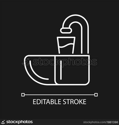 Dental spit bowl white linear icon for dark theme. Cuspidor for expectorating. Dentistry equipment. Thin line customizable illustration. Isolated vector contour symbol for night mode. Editable stroke. Dental spit bowl white linear icon for dark theme