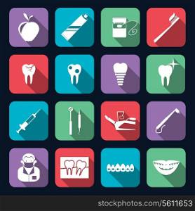 Dental teeth healthcare instruments dent protection flat icons set isolated vector illustration