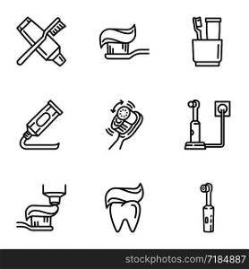 Dental tooth care icon set. Outline set of 9 dental tooth care vector icons for web design isolated on white background. Dental tooth care icon set, outline style