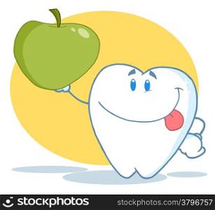 Dental Tooth Character Holding A Green Apple