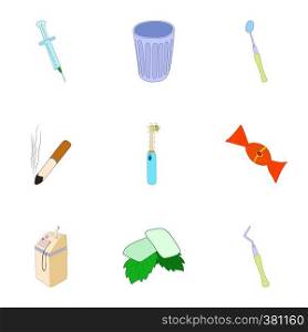 Dental treatment icons set. Cartoon illustration of 9 dental treatment vector icons for web. Dental treatment icons set, cartoon style
