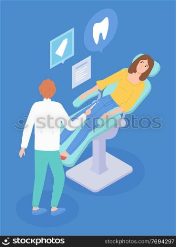 Dental treatment illustration. The dentist communicates with the patient. Patient in dental chair. Images of oral toothpaste, prescription, tooth. Healthy clean teeth. Dentist tools and equipment. Dentistry posters flat icon, dentist consultation, patient woman on the dental couch, heathy teeth