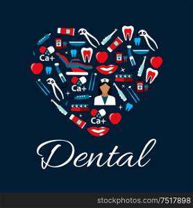 Dental treatments and oral hygiene concept sign with heart symbol consist of dentist with tools and equipments, teeth and braces, syringes and calcium, toothbrushes, toothpastes and mouthwashes flat icons. Dental treatments flat icons in a shape of heart