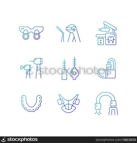 Dental visit gradient linear vector icons set. Orthodontic appliances. Tooth extraction. Cosmetic dentistry. Thin line contour symbols bundle. Isolated outline illustrations collection. Dental visit gradient linear vector icons set