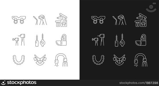 Dental visit linear icons set for dark and light mode. Orthodontic appliances. Tooth extraction. X-ray equipment. Customizable thin line symbols. Isolated vector outline illustrations. Editable stroke. Dental visit linear icons set for dark and light mode