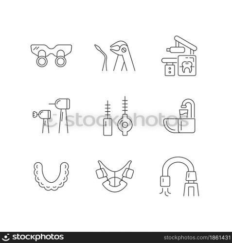 Dental visit linear icons set. Orthodontic appliances. Tooth extraction. Cosmetic dentistry. Customizable thin line contour symbols. Isolated vector outline illustrations. Editable stroke. Dental visit linear icons set
