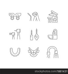 Dental visit linear icons set. Orthodontic appliances. Tooth extraction. Cosmetic dentistry. Customizable thin line contour symbols. Isolated vector outline illustrations. Editable stroke. Dental visit linear icons set
