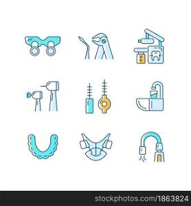 Dental visit RGB color icons set. Orthodontic appliances. Tooth extraction. Cosmetic dentistry. X-ray equipment. Teeth aligners. Isolated vector illustrations. Simple filled line drawings collection. Dental visit RGB color icons set