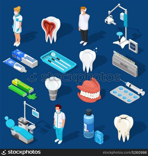 Dental Work Elements Set. Isometric dentist icons collection with isolated medical personnel characters dental care supplies drilling machines and equipment vector illustration