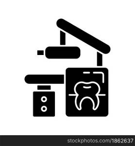 Dental x-ray equipment black glyph icon. Capturing patient mouth in one image. Radiographic procedure. Dental imaging technology. Silhouette symbol on white space. Vector isolated illustration. Dental x-ray equipment black glyph icon