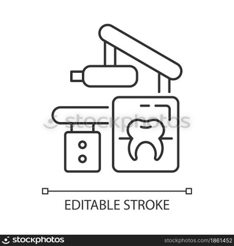 Dental x-ray equipment linear icon. Capturing patient mouth in one image. Radiographic procedure. Thin line customizable illustration. Contour symbol. Vector isolated outline drawing. Editable stroke. Dental x-ray equipment linear icon