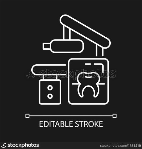 Dental x-ray equipment white linear icon for dark theme. Capturing patient mouth in one image. Thin line customizable illustration. Isolated vector contour symbol for night mode. Editable stroke. Dental x-ray equipment white linear icon for dark theme