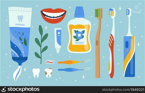 Dentist accessories. Oral dental hygiene items mouth brush apples cleaning tools teeth vector set. Medical dentist equipment for care and clean illustration. Dentist accessories. Oral dental hygiene items mouth brush apples cleaning tools teeth vector set