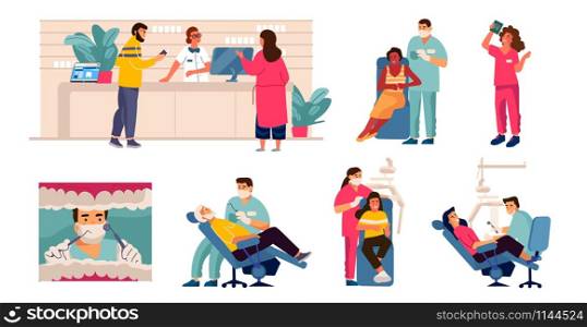 Dentist and patient. Cartoon scenes with tooth care, man in dental chair, mouth checkup and examination. Vector dentistry work concept with illustrated dental hospital. Dentist and patient. Cartoon scenes with tooth care, man in dental chair, mouth checkup and examination. Vector dentistry concept