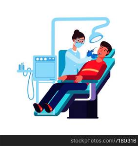 Dentist and patient. Doctor checking patients mouth. Teeth examination and dentistry vector concept. Illustration of dentist clinic, patient and dentistry doctor. Dentist and patient. Doctor checking patients mouth. Teeth examination and dentistry vector concept
