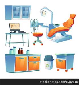 Dentist cabinet, stomatology room in clinic or hospital. Vector cartoon interior isolated set of dental office with doctor table and chair with lamp and tools for tooth treatment, clean and oral care. Dentist cabinet, stomatology room in clinic