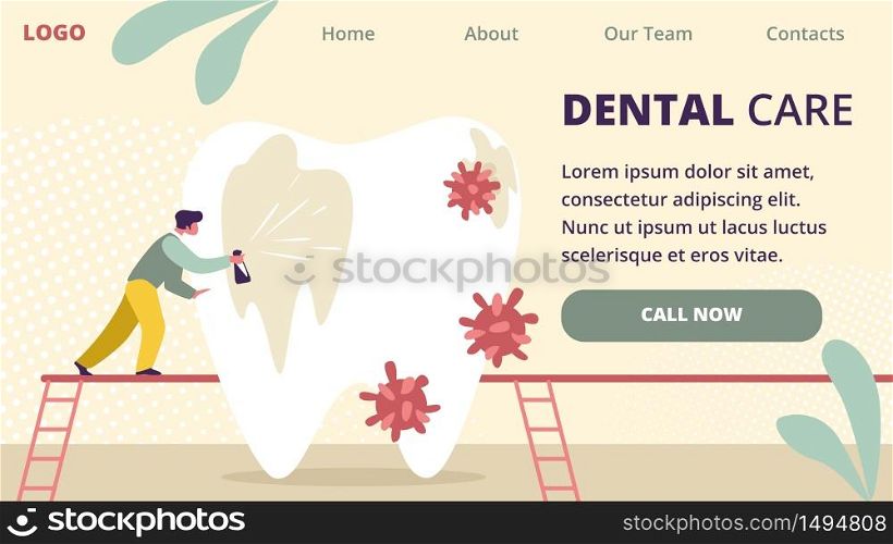 Dentist Care of Big White Tooth Spraying with Medicine Protection from Microbes. Dental Clinic Medicine Staff Work in Stomatology Cleaning Teeth. Cartoon Flat Vector Illustration, Horizontal Banner. Dentist Care of Big White Tooth Cleaning Teeth.