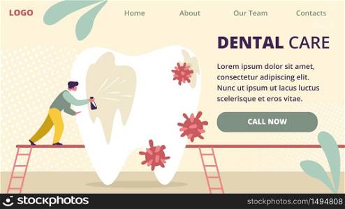 Dentist Care of Big White Tooth Spraying with Medicine Protection from Microbes. Dental Clinic Medicine Staff Work in Stomatology Cleaning Teeth. Cartoon Flat Vector Illustration, Horizontal Banner. Dentist Care of Big White Tooth Cleaning Teeth.