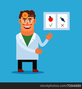 Dentist cartoon character. Stomatologist with the poster of healthy and unhealtthy food. Vector illustration. Dentist with healthy food poster