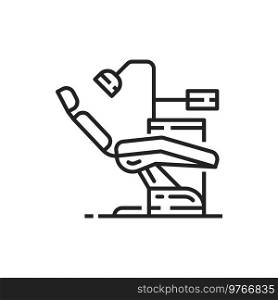 Dentist chair and dental equipment isolated outline icon. Vector modern dental station, l&and instruments. Dentistry office furniture, comfortable armchair in stomatology, empty dent seat. Dental chair isolated dentistry clinic furniture