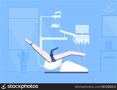 Dentist chair for patients examination and treatment in clinic flat color vector illustration. Hospital office equipment 2D simple cartoon interior with contemporary equipment on background. Dentist chair for patients examination and treatment in clinic flat color vector illustration