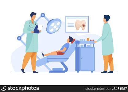 Dentist examining boy in dental chair. Doctor, tooth, visit flat vector illustration. Stomatology and dentistry concept for banner, website design or landing web page
