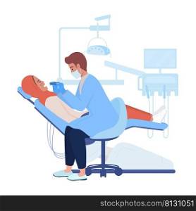 Dentist examining patient oral cavity semi flat color vector characters. Posing figures. Full body people on white. Healthcare simple cartoon style illustration for web graphic design and animation. Dentist examining patient oral cavity semi flat color vector characters