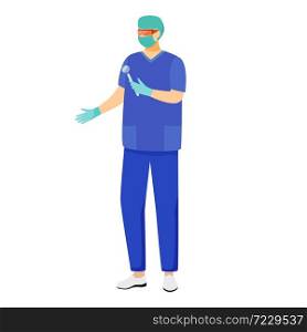 Dentist flat vector illustration. Stomatologist with dental mirror in medical mask. General practitioner, medic wearing blue uniform. Doctor ready for medical procedure. Physician cartoon character. Dentist flat vector illustration