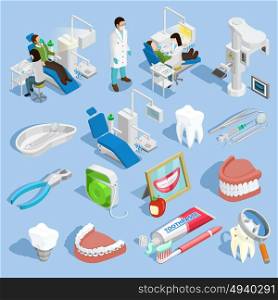 Dentist Icons Set . Dentist isometric icons set with tooth and healthcare symbols on blue background isolated vector illustration