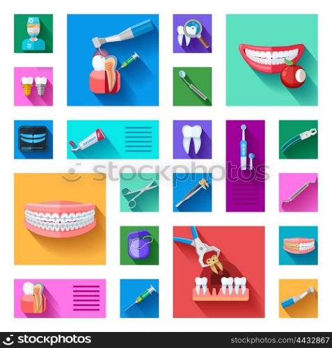 Dentist Icons Set . Different colorful dentist icons set with teeth examination treatment and equipment for care and treatment on white background flat isolated vector illustration