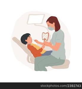 Dentist isolated cartoon vector illustration Pediatric dentistry, child in dentists chair, medical equipment, doctor makes dental examination, kid opening moth, family clinic vector cartoon.. Dentist isolated cartoon vector illustration